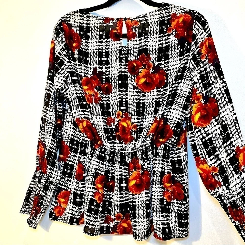 Anthropologie Black White Floral Plaid Long Puff Sleeve Sheer Peasant Blouse Top - Picture 6 of 9